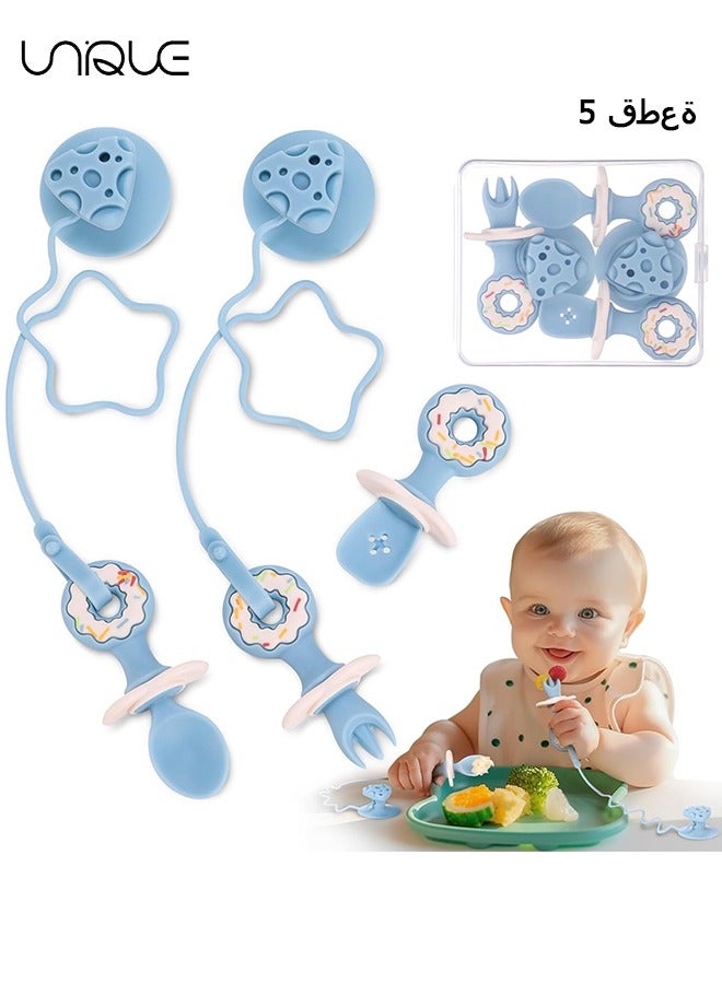 Unique 5 Pack Baby Utensils, Baby Led Weaning Spoons, Suction Silicone Baby Spoon and Fork, Baby Self-Feeding Utensils Anti-Dropping Baby Training Spoons for 6 Months with Travel Case, Blue  - Image 1