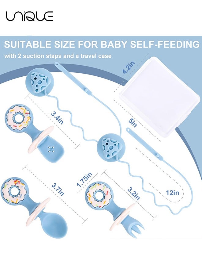 Unique 5 Pack Baby Utensils, Baby Led Weaning Spoons, Suction Silicone Baby Spoon and Fork, Baby Self-Feeding Utensils Anti-Dropping Baby Training Spoons for 6 Months with Travel Case, Blue  - Image 2