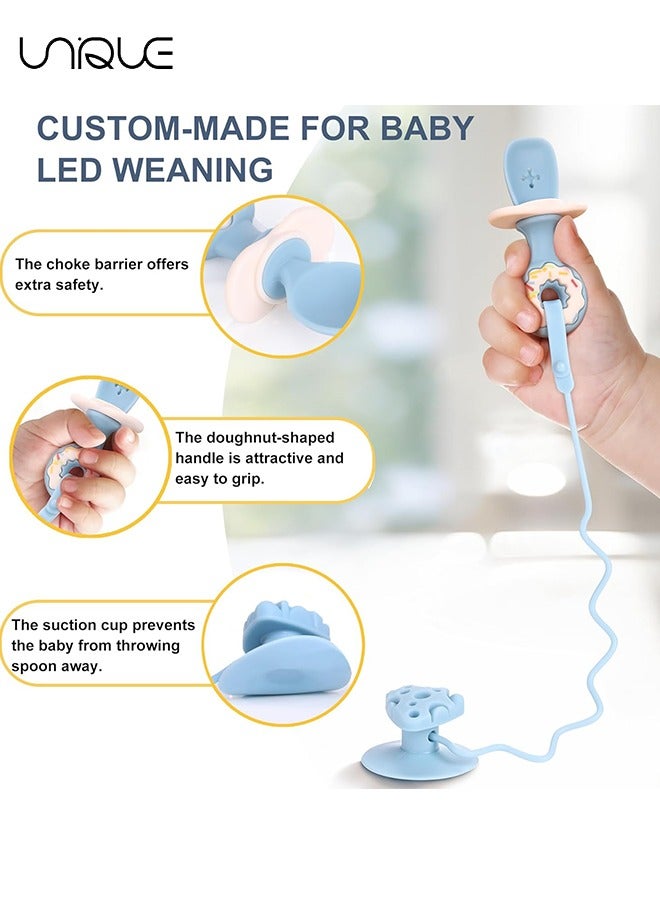 Unique 5 Pack Baby Utensils, Baby Led Weaning Spoons, Suction Silicone Baby Spoon and Fork, Baby Self-Feeding Utensils Anti-Dropping Baby Training Spoons for 6 Months with Travel Case, Blue  - Image 3