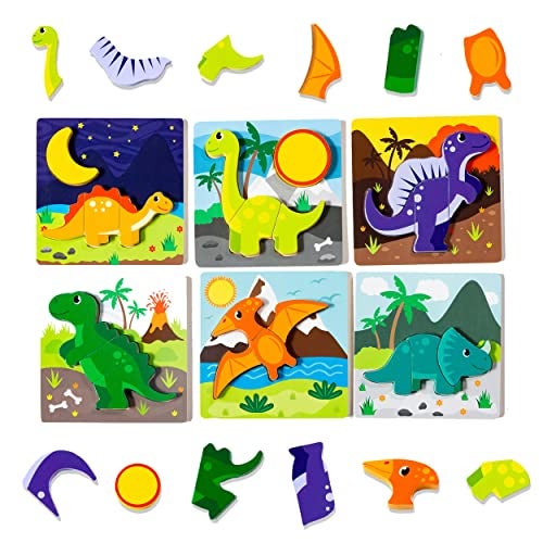 Klevly 6 PK Dinosaur Wooden Toddler Puzzles Ages 24 Wooden Puzzles for Toddlers 18 Months to 3 Yrs Montessori Toys for 2 Year Old Learning Toys for 2 Year Olds - Image 1