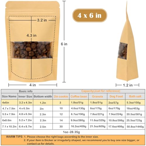 Blisstime 50 Pack Kraft Paper Stand Up Pouch Bags, Resealable Bag with Transparent Window and Tear Notch for Multipurpose Storage (4 X 6 Inches) - Image 2