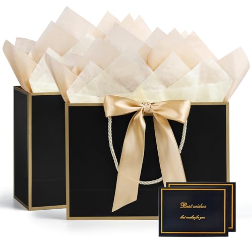 JMANNI Gift Bags with Handles, 11" Small Gift Bag for Presents, 2 Pcs Bags with 4 Tissue Paper and 2 Cards for Baby Shower Wedding Bridal Shower Mother's Day Birthday Party (Golden-Black) - Image 1