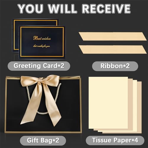 JMANNI Gift Bags with Handles, 11" Small Gift Bag for Presents, 2 Pcs Bags with 4 Tissue Paper and 2 Cards for Baby Shower Wedding Bridal Shower Mother's Day Birthday Party (Golden-Black) - Image 2