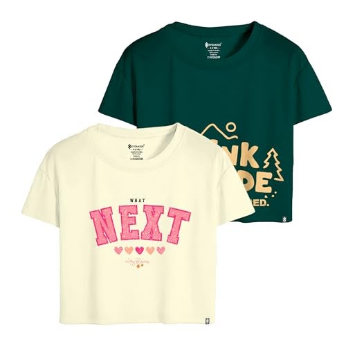 KYDA KIDS® 100% Cotton Crop top for Girls - Printed Half Sleeve Stylish Tshirt, Regular Fit Tops for Girl - Pack of 2 - Image 1