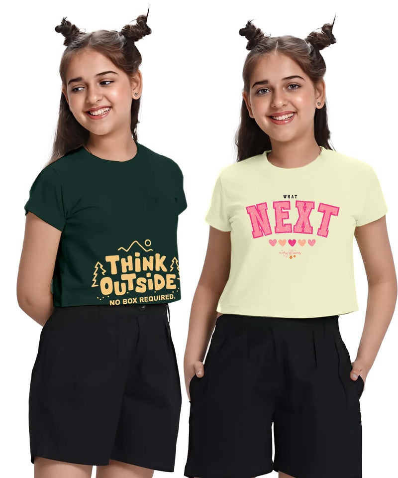 KYDA KIDS® 100% Cotton Crop top for Girls - Printed Half Sleeve Stylish Tshirt, Regular Fit Tops for Girl - Pack of 2 - Image 2