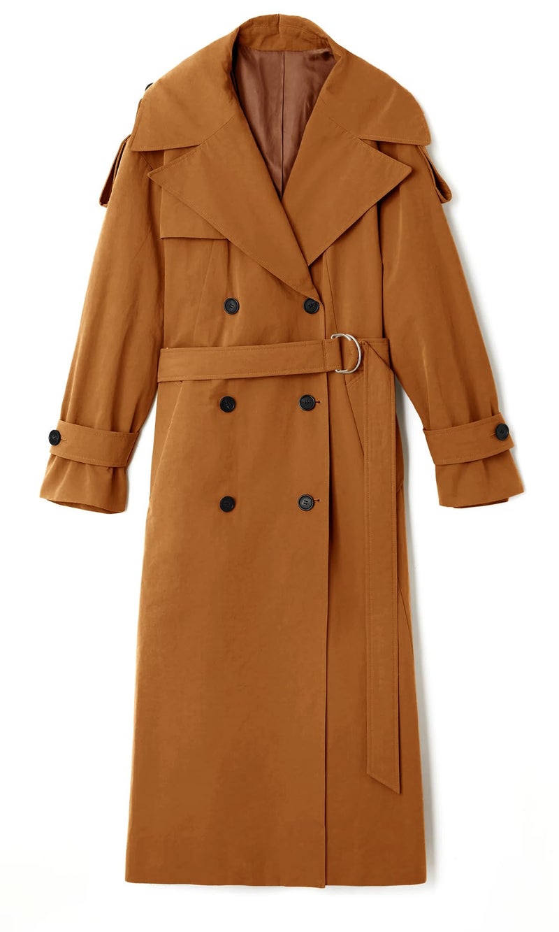 Farktop Womens Oversized Long Trench Coat Double Breasted Lapel Windproof Overcoat with Belt - Image 4