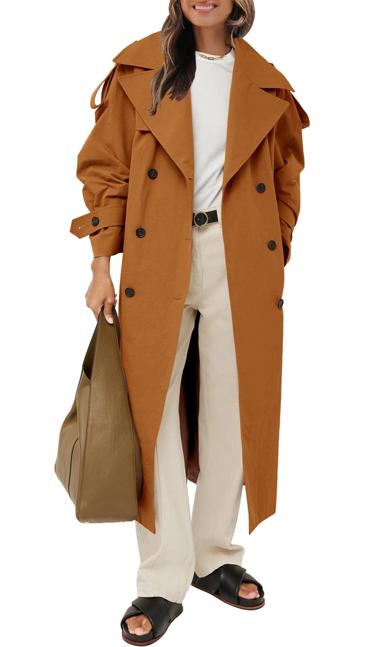 Farktop Womens Oversized Long Trench Coat Double Breasted Lapel Windproof Overcoat with Belt - Image 1