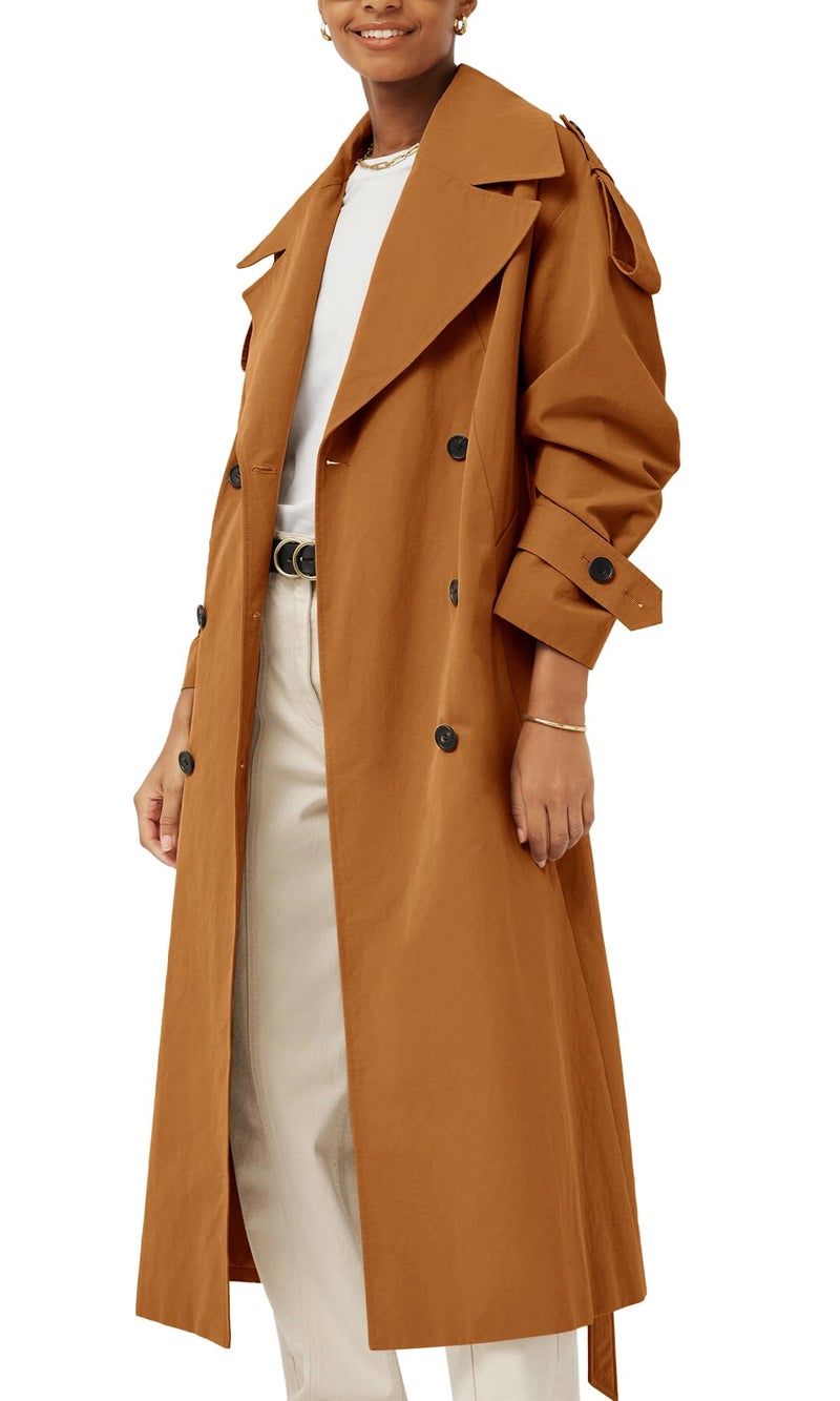 Farktop Womens Oversized Long Trench Coat Double Breasted Lapel Windproof Overcoat with Belt - Image 2