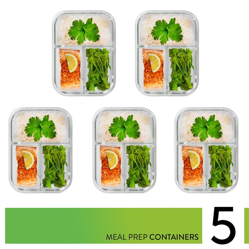 Prep Naturals PrepNaturals 5 Pack 34 Oz Glass Meal Prep Containers - Dishwasher Microwave Freezer Oven Safe - Glass Storage Containers with Lids (Multi-Compartment) - Image 2