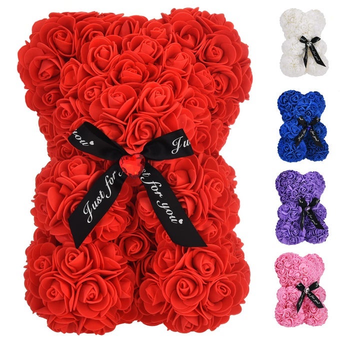Artificial Rose Flower BearPerfect Romantic Gift for Her Valentines Mothers Day Christmas BirthdayThanksgiving Party Anniversary Girl Friend Wife with HeartShaped Diamond Black Red