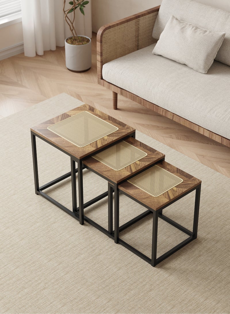 شي ون طقم طاولات مربعة من SHEE ONE بتصميم خشبي فاخر ولمسة قشّ طبيعية | طاولة جانبية أنيقة للزوايا والصالات | طاولة خدمة مثالية للمجالس | طاولة ضيافة عملية بتصميم متداخل لتوفير المساحة | طاولة ديكور عصرية بإطار معدني متين | الأبعاد: 50×45×45 سم، 45×40×40 سم، 40×34×35 سم - Image 2