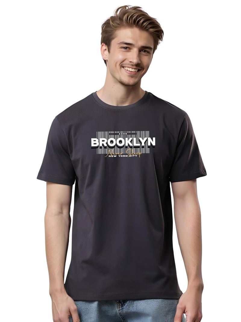 ADRO Men's Printed Dark Grey T-Shirt - Premium Lycra Cotton Regular Fit - Image 1