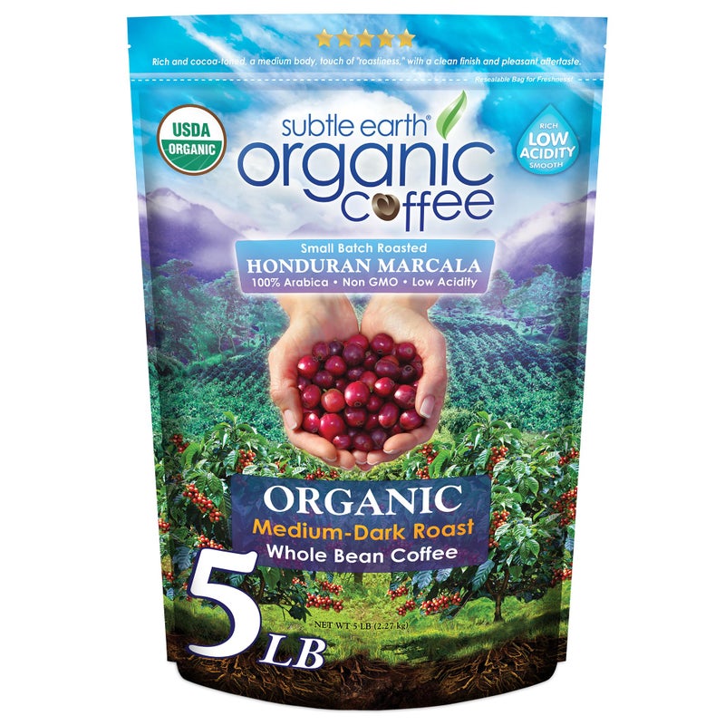 5LB Subtle Earth Organic Coffee Medium Dark Roast Whole Bean Coffee 100 Arabica Beans Low Acidity and NonGMO 5lb bag