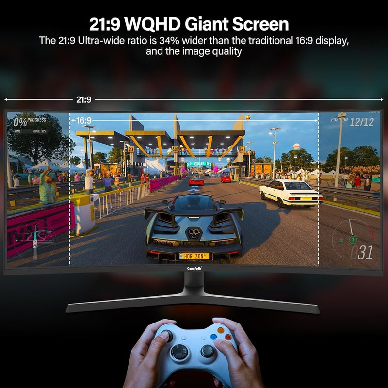 Gawfolk شاشة ألعاب 34 بوصة فائقة العرض 21:9 UWQHD 165Hz منحنية 1500R 3440x1440 سرعة 1ms (GTG) PBP PIP FreeSync 99% sRGB HDR قابلة لتعديل الإمالة والارتفاع والدوران - Image 2