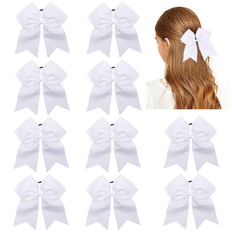 CN 10pcs 8 Cheer Hair Bows Large White Ponytail Holder Girls Elastic Hair Ties Handmade for Cheerleading Teen Girls College Sports Softball Competition