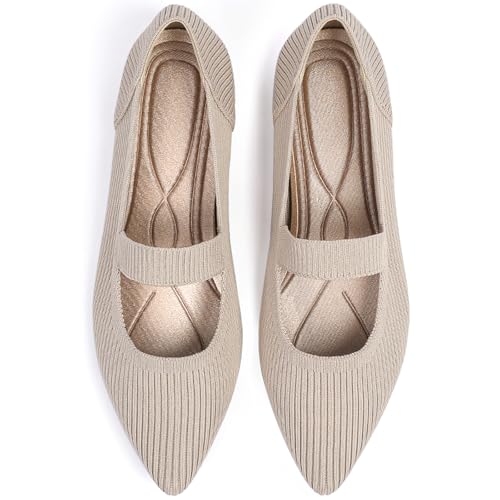 TINGRISE Women's Flats Shoes Pointed Toe Knit Washable Ballet Comfortable Dressy Mary Jane Flat Beige US9 - Image 1