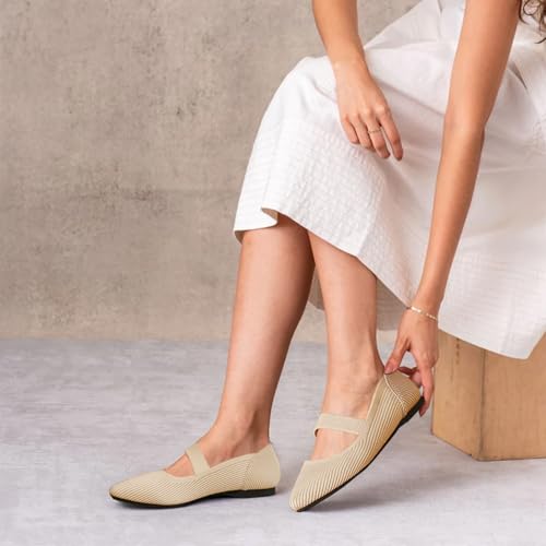 TINGRISE Women's Flats Shoes Pointed Toe Knit Washable Ballet Comfortable Dressy Mary Jane Flat Beige US9 - Image 4