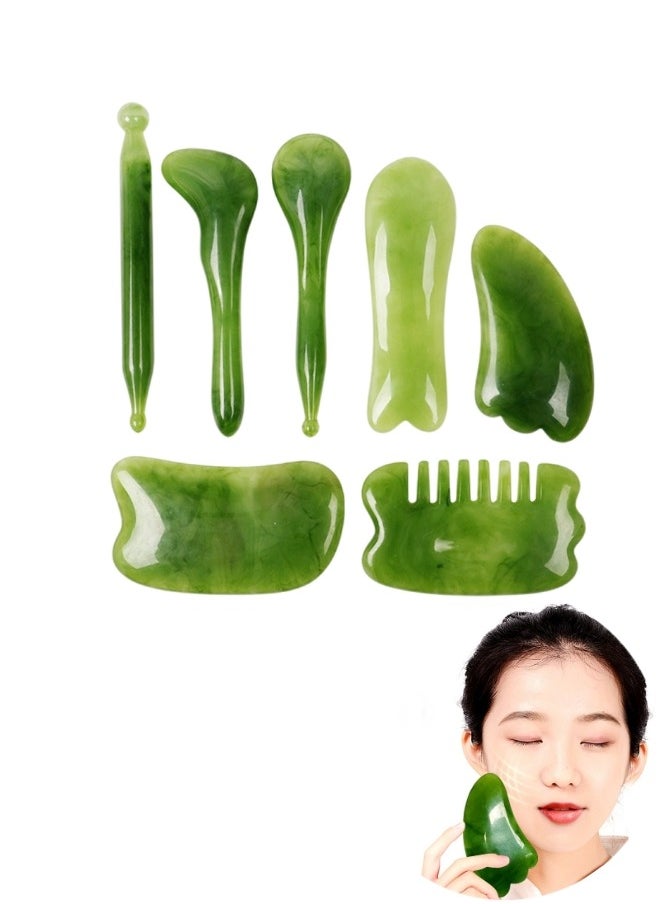 Opiqcey 7-Piece Jade Massager With Facial Tool Set Natural Quartz Face Neck body scraping Massager Massage Tool Scraping Board Professional Lymphatic Drainage Therapy Body Relaxation Face Massager and Roller  - Image 1