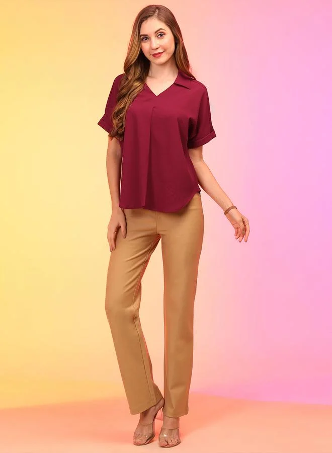 globus Women Maroon Shirt Collar V-Neck Regular Top