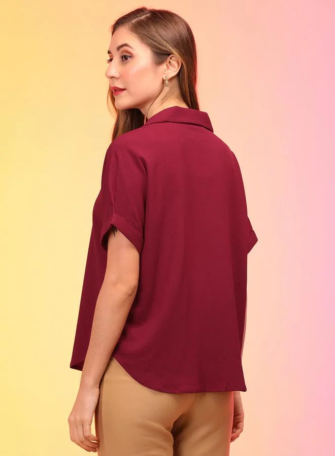 globus Women Maroon Shirt Collar V-Neck Regular Top