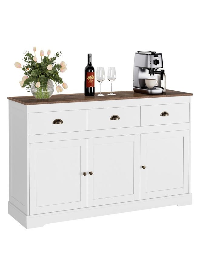 Keyluv White Buffet Cabinet Storage Sideboard Farmhouse Server Bar Wine Cabinet with 3 Drawers & 3 Doors Adjustable Shelves Console Table for Dining Living Room Kitchen Cupboard - Image 1