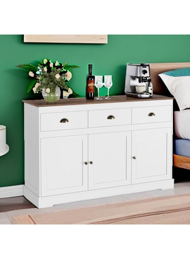 Keyluv White Buffet Cabinet Storage Sideboard Farmhouse Server Bar Wine Cabinet with 3 Drawers & 3 Doors Adjustable Shelves Console Table for Dining Living Room Kitchen Cupboard - Image 5