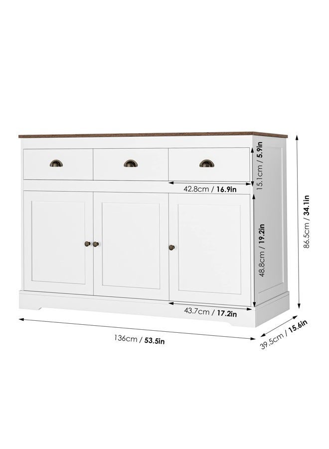 Keyluv White Buffet Cabinet Storage Sideboard Farmhouse Server Bar Wine Cabinet with 3 Drawers & 3 Doors Adjustable Shelves Console Table for Dining Living Room Kitchen Cupboard - Image 2