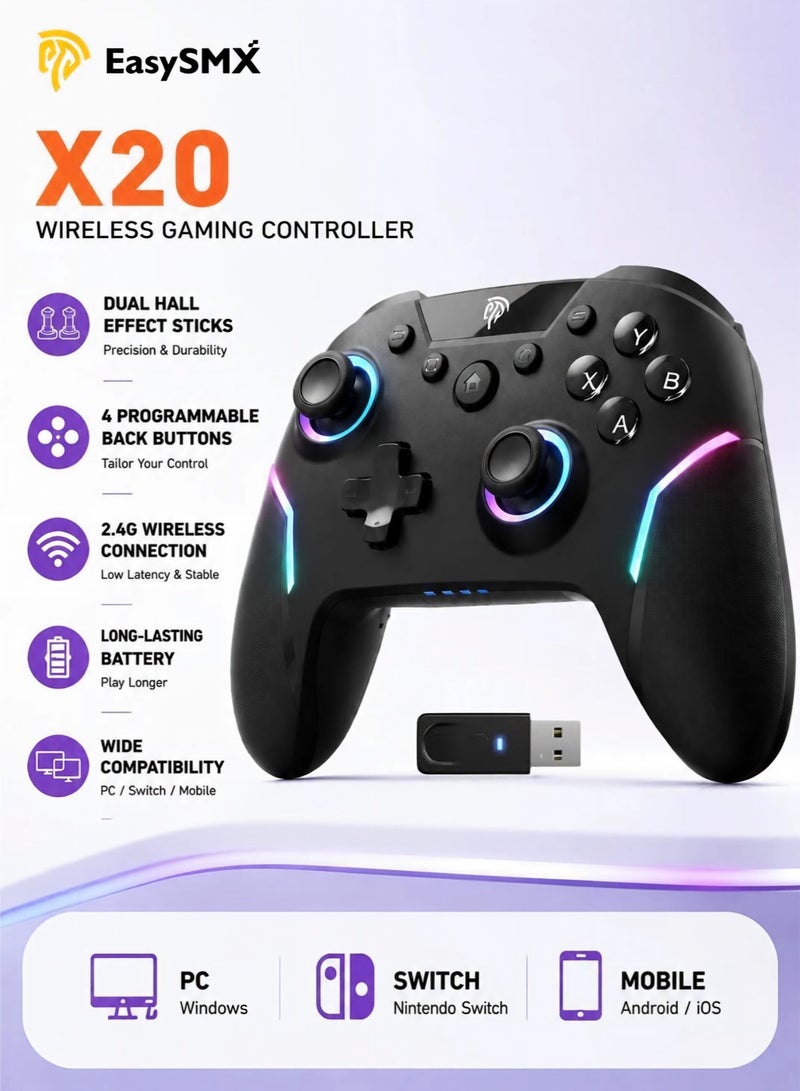 EasySMX X20 Wireless Gaming Controller with RGB Backlit, 2-Stage Hall Effect Sticks, 1000Hz Polling Rate, 6-Axis Gyro on Multi-Platform, Mech Buttons- Compatible with PC/Switch/Steam/Android - Image 1