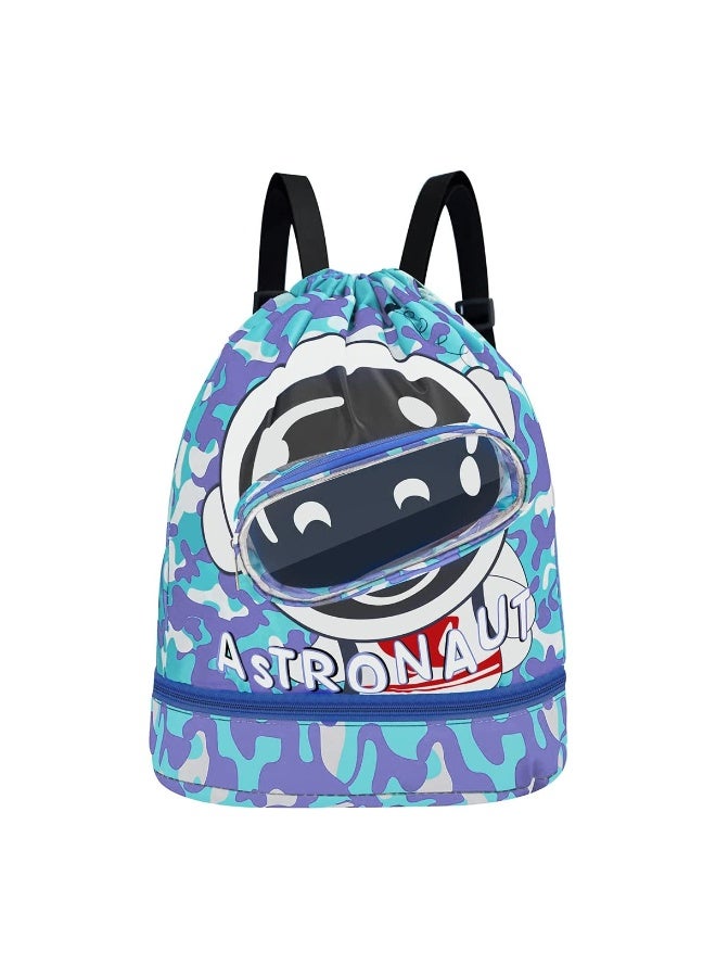 Drawstring Bag Kids Swimming Bag, Waterproof Dry-Wet Separation Beach Backpack with Zippered Pocket and Shoe Compartment for Sports, Gym, PE (Blue, YYB-0581) - Image 1