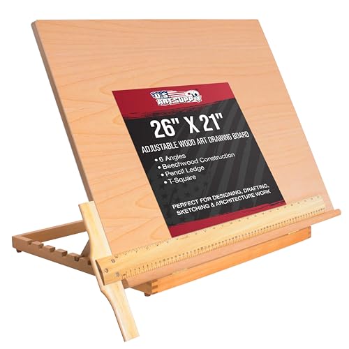 US Art Supply XLarge 26 x 21 Adjustable Wood Art Drawing Board  6 Angles Beechwood Construction Pencil Ledge 24 TSquare  Ideal for Design Drafting  Architecture Work