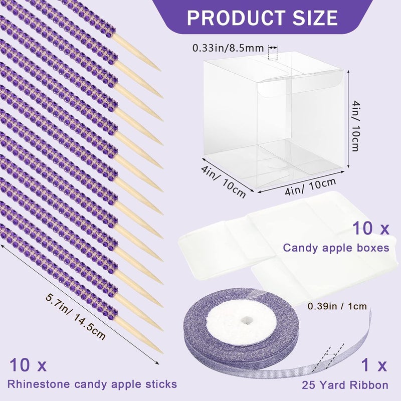 Anglekai 10+10 Candy Apple Kits, 10Pcs Bling Candy Apple Sticks/ 10Pcs Candy Apple Boxes/ 25 Yard Ribbon, Rhinestone Caramel Apple Sticks Clear Candy Apple Boxes with Hole(Purple) - Image 2