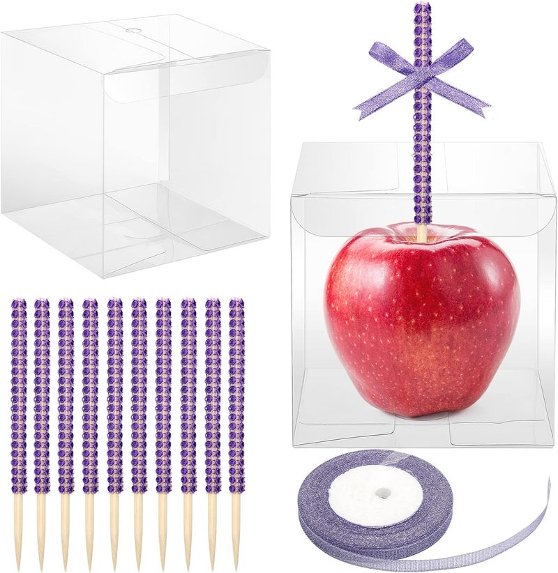 Anglekai 10+10 Candy Apple Kits, 10Pcs Bling Candy Apple Sticks/ 10Pcs Candy Apple Boxes/ 25 Yard Ribbon, Rhinestone Caramel Apple Sticks Clear Candy Apple Boxes with Hole(Purple) - Image 1