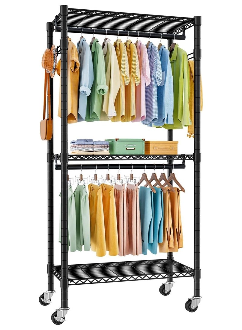 Solerconm Wire Garment Rack, Heavy Duty Rolling Clothes Rack for Hanging Clothes, 3 Tiers Adjustable Metal Clothing Rack with Storage Shelves and Lockable Wheels (Black, 81 x 41 x 210 cm) 