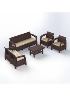 7-Seater Outdoor Sofa Set, Dark Brown Plastic with Rattan Design Modern Style, Beige Cushions and Coffee Table, Ideal for Gardens, Patios, Balconies, and Poolside Areas - pzsku/Z5FDB222F6140D617A645Z/45/_/1703855694/a4631209-5f66-4cd9-b0f7-82f29d2fbeed