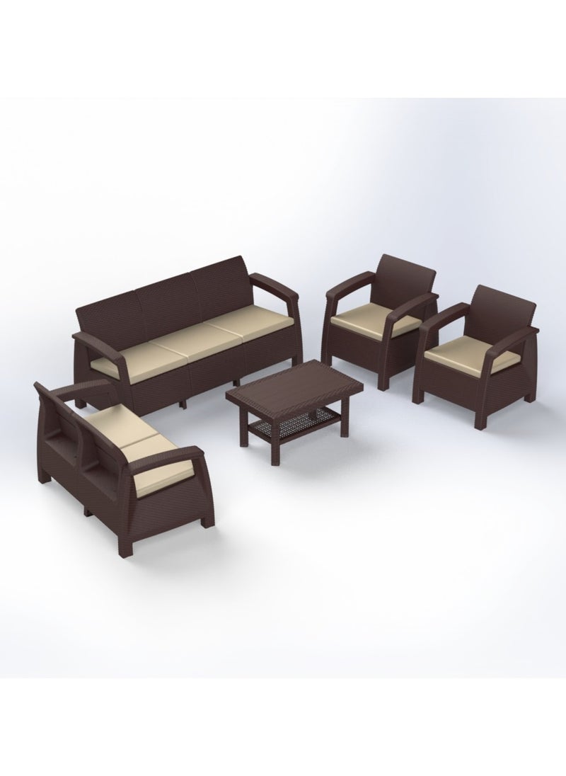 3MPlast - 7-Seater Outdoor Sofa Set, Dark Brown Plastic with Rattan Design Modern Style, Beige Cushions and Coffee Table, Ideal for Gardens, Patios, Balconies, and Poolside Areas - Image 1