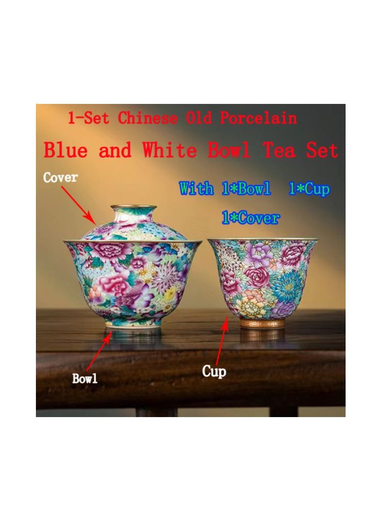1-Set Chinese Old Porcelain Blue and White Bowl Tea Set,Chinese Tea Bowl with Cover and Cup,Chinese Traditional Handicraft Ceramic Tea Set  - Image 1