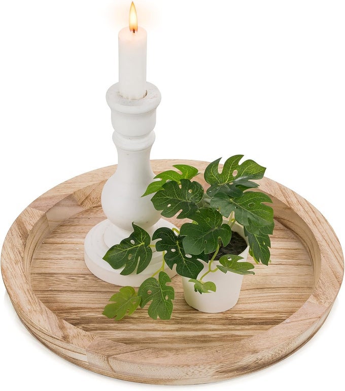 Rustic Wooden Serving Tray Round Wood Decorative Tray Rustic Centerpiece Candle Holder Trays Farmhouse Ottoman Tray for Decor Kitchen Counter Home Decor for Coffee Table