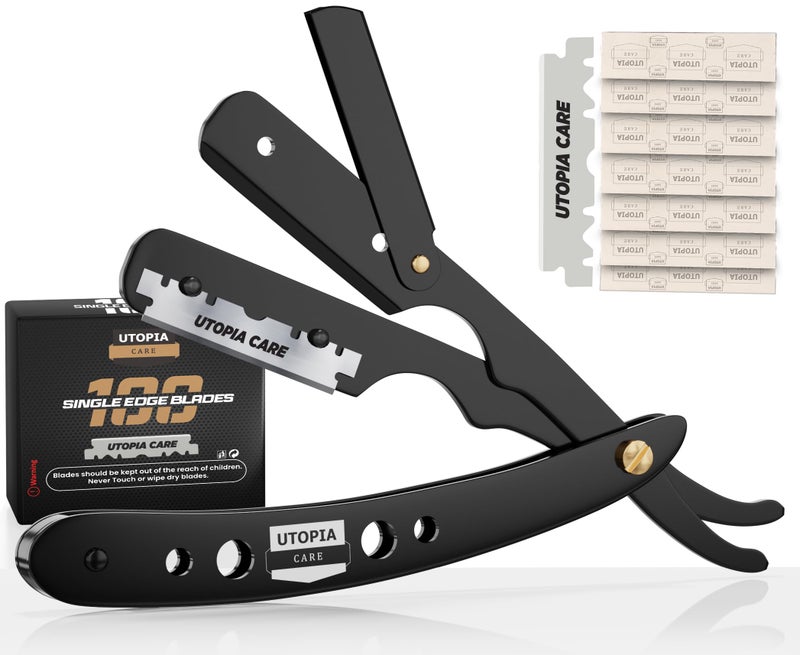 Utopia Care Professional Straight Razor for Men, Barber Straight Edge Razor Safety with 100 Pack Blades, Black - Image 1