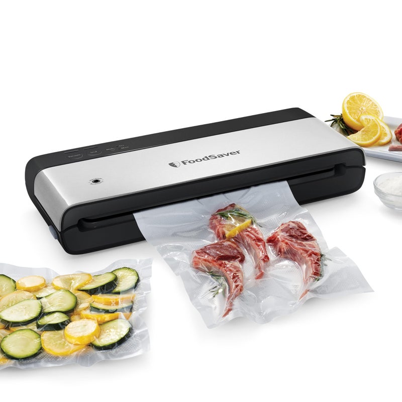 جهاز تفريغ الهواء FoodSaver PowerVac المدمج من الفولاذ المقاوم للصدأ باللون الأسود للتخزين العمودي VS0150 يحافظ على النضارة ويقلل من هدر الأكياس للأطعمة الجافة والرطبة
