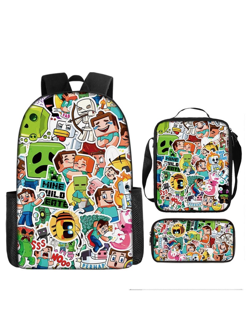 ماين كرافت حقيبة ظهر ذات سعة كبيرة مطبوعة بالرسوم المتحركة، وحقيبة غداء مكونة من ثلاث قطع، وحقيبة أقلام، وحقيبة ظهر مريحة من البوليستر ومخففة للحمل للطلاب والأطفال، ومناسبة لكل من الرجال والنساء - Image 1