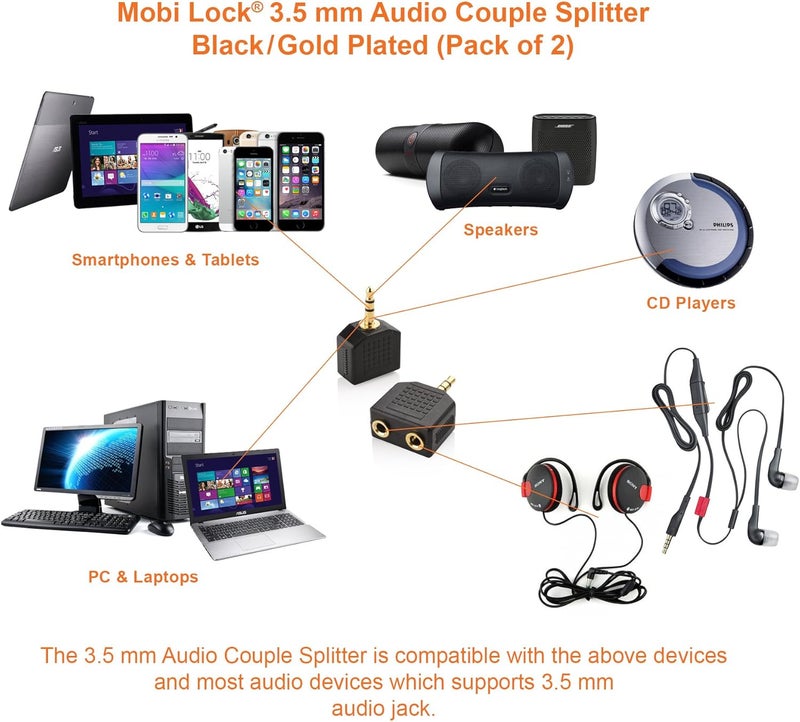 Mobi Lock 3.5mm Headphone Y Splitter (Pack of 2)| 1 Male to 2 Female Audio Jacks | Allows Two People to Listen to 1 Sound Source Media Players and Other Audio Devices with a 3.5 mm Port - Image 5