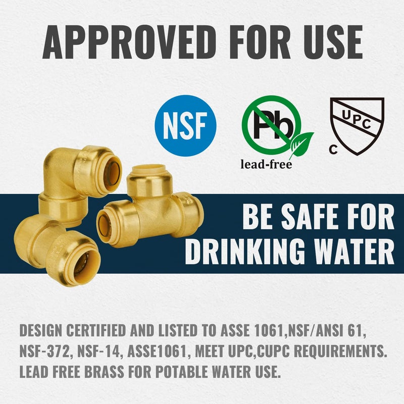 SUNGATOR Push Fittings 3/4 Inch, No Lead Brass Plumbing Fittings 3/4", Coupling(5 PCS), Elbow(5 PCS), Tee Fitting(2 PCS), 3/4 Inch Quick Fittings for Pex,Copper,CPVC, with 1 Release Tool, Pack of 12 - Image 2