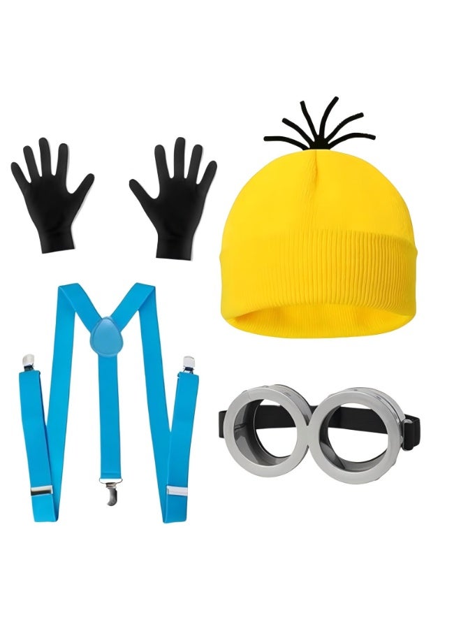4 Pcs Costume for Kids Girls Boys Adults,Cartoon Role Play Dress Up Accessories-Yellow Beanie Hat/Goggles/Gloves/Suspenders for Holiday Birthday Halloween Christmas Dress Up,Gifts for Girls Boys (B) - Image 1