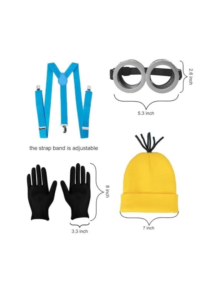 4 Pcs Costume for Kids Girls Boys Adults,Cartoon Role Play Dress Up Accessories-Yellow Beanie Hat/Goggles/Gloves/Suspenders for Holiday Birthday Halloween Christmas Dress Up,Gifts for Girls Boys (B) - Image 2