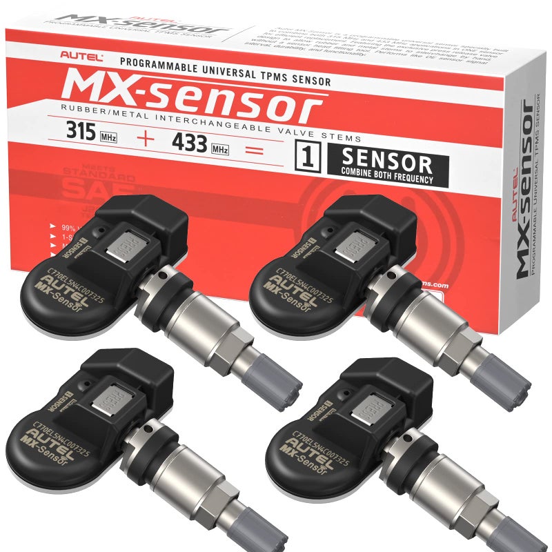 Autel TPMS Sensors Set of 4 MX Sensor MaxiTPMS Tire Pressure Sensor 2 in 1 315MHz 433MHz Pressin OE Sensors Programmable by TS408S TS508 TS508WF TS608 ITS600 MP900TS MS906PROTS Metal Valves