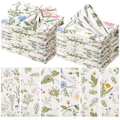 Funnymoom 24 Pcs Herbs and Wild Flowers Cloth Napkins Floral Plants Reusable Napkins Country French Toile Dinner Soft Absorbent for Summer Holiday Party - Image 1