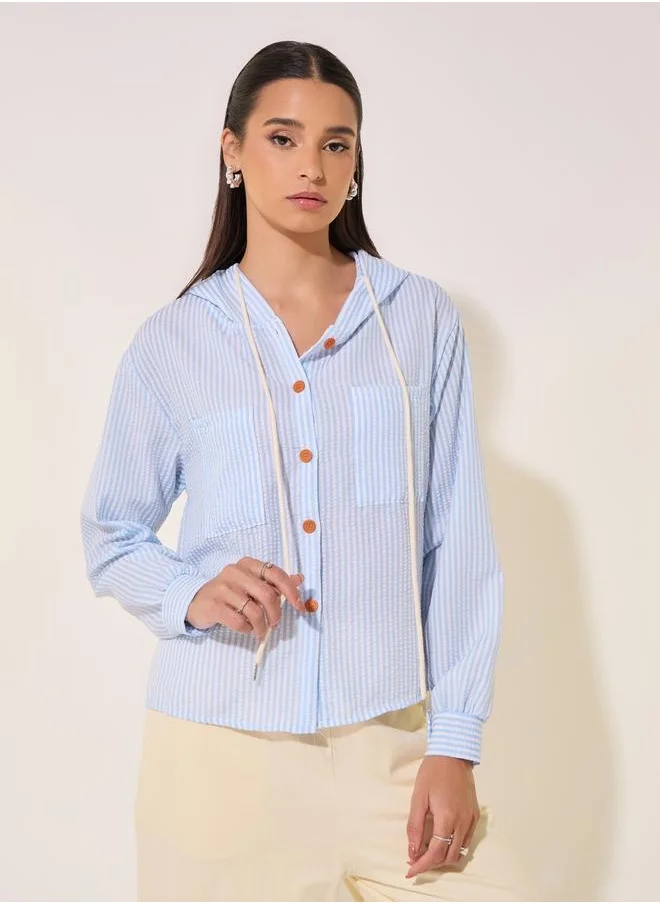 Styli Striped Hooded  Shirt with Patch Pocket