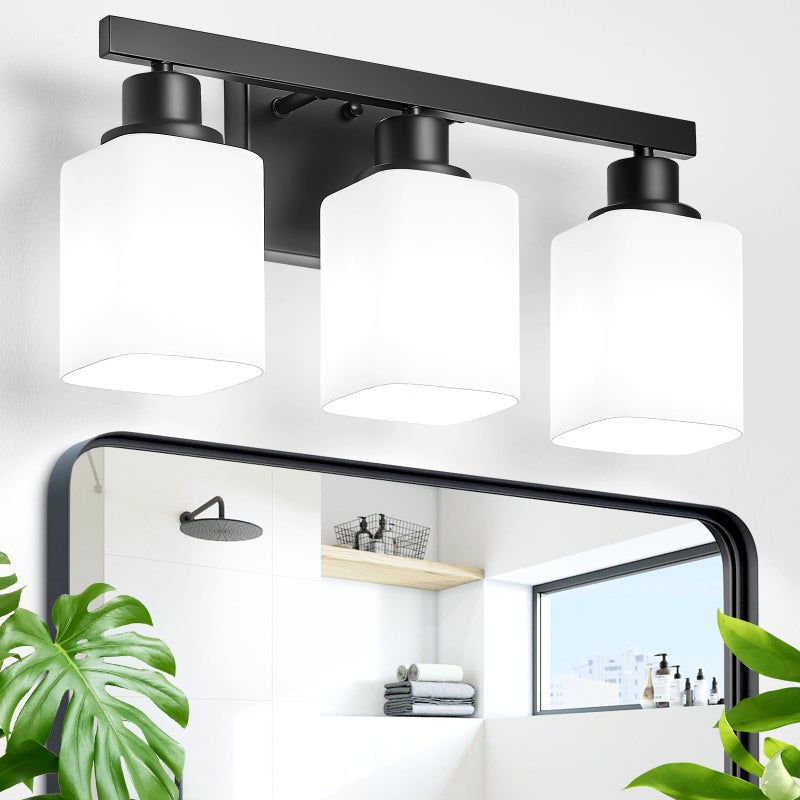 DIKAIDA 3-Light Bathroom Vanity Light,Modern Matte Black Bathroom Light Fixtures with Square Frosted Glass,Wall Sconces Lighting fixtures Over Mirror Restroom, Living Room Hallway - Image 1