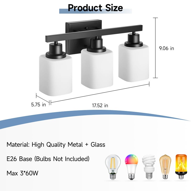 DIKAIDA 3-Light Bathroom Vanity Light,Modern Matte Black Bathroom Light Fixtures with Square Frosted Glass,Wall Sconces Lighting fixtures Over Mirror Restroom, Living Room Hallway - Image 3