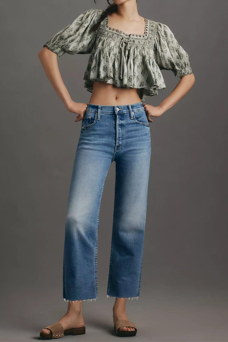 Allimy Jeans for Women Capri High Waisted Straight Leg Stretchy Tummy Control Cropped Jeans Petite Denim Pants Trendy Size 12 Blue - Image 2